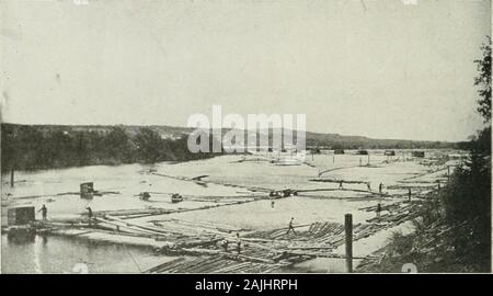 L'exploitation forestière ; les principes et méthodes générales de fonctionnement aux États-Unis . FiG. 108. - Piers construit dans une rivière de tenir les rampes de stockage en place. Minnesota. tion, il est nécessaire de trier le bois de chaque propriétaire. Pour cette raison le tri fonctionne sont maintenus aux points où anygiven sciage sont à fabriquer, et des installations de stockage des journaux d'EXPLOITATION FORESTIÈRE 364 sont souvent fournis également. Le tri et storageworks appartiennent généralement par des sociétés (p. 368). Les rampes de stockage se composent de grandes poches, s'étendant parfois sur des kilomètres le long de l'un ou les deux côtés du ruisseau, dans une whichlogs Banque D'Images