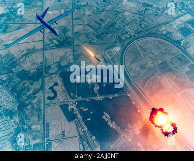 Drone américain attaque du convoi du général iranien Qassem Soleimani, 3D render. L'aéroport de Bagdad, Iraq. Banque D'Images