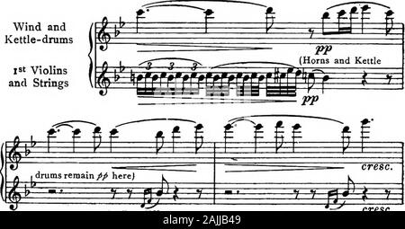 Sur le rendement des symphonies de Beethoven . Page 162, bar i. Le crescendo dans le solo-corne, thesmall sur le diminuendo G et les crescendo doitêtre donné de très expressive et avec une véritable liberté artistique.Les notes profondes n'a pas besoin d'être contraints en dépit du crescendo.Le haut e qui suit sur la faible C de la prochaine être barmust / commencé de nouveau. Page 162, bar 2. Les premiers violons begin / nouveau à lavis de G et faire un crescendo progressif uniforme jusqu'à l'être de la prochaine d'égrenage-bar où l'&gt ;- entre en jeu. Page 163, à la page 164 2 bar, bar i. Vent andKettle-batterie, J5t Violinsand. Cordes sempre Banque D'Images