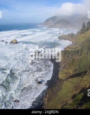 L'océan Pacifique se lave à l'encontre de la côte rocheuse du nord de l'Oregon. Cette belle région sauvage, est souvent couvert par une couche de brume sombre marine. Banque D'Images