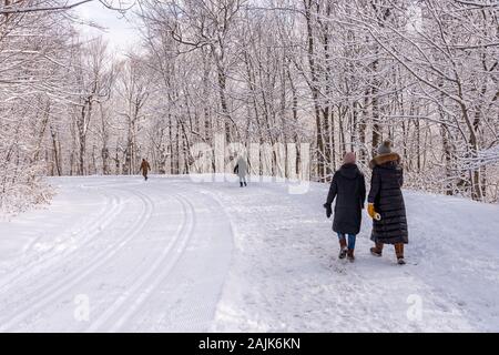 Montréal, CA - 01 janvier 2020 : Les personnes marchant sur un sentier enneigé à Montréal sur le mont Royal Park (parc du Mont-Royal) après une tempête de neige. Banque D'Images