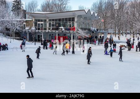 Montréal, CA - 01 janvier 2020 : Beaucoup de gens le patinage sur glace à la patinoire réfrigérée au sommet du mont Royal Banque D'Images