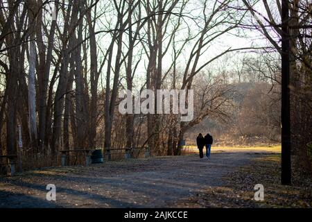 Couple non identifié, sentier de marche en forêt à l'écart de l'afficheur Banque D'Images