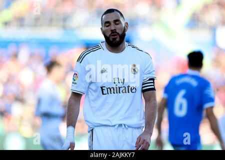 Real Madrid CF's Karim Benzema réagit au cours de l'espagnol La Liga match round 19 entre Getafe et Real Madrid au Santiago Bernabeu Stadium.(score final : Getafe 0 - 1 Real Madrid) Banque D'Images