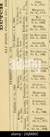 Le cheval pur-sang : son origine, comment se reproduisent et comment [à] choisir lui : avec le guide des éleveurs de chevaux : embrasser une centaine de tableaux pedigrees des principaux sires ... . E 17771-Dau. 1788 1774 de Highflyer (1758I Hérode i 1775 éternelle par Eclipse 1764 aiarske j .1750.  ? Liverpool 1828 (tramp) 1810-1820 Outarde Otis en 1801 (17K7 Buzzard*) -Dan. 1813 Élection de 1804 Gohanua (1790) - Dau. 1791 1774 de Highflyer (Ki-Chanticlecr 17,5 Hérode s 1778 barrage par Eclipse 1764 (Marske 17,501. " " . 1829 Tomboy (Jerry) 1821-1818 fou par le premier ministre (1810) 1801 Sancho-Maniac 1806 bv 17 Navette Banque D'Images