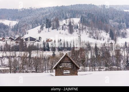 Paysage de montagne d'hiver dans les Alpes. Cabane en bois au premier plan. Montagne avec arbres et quelques maisons en arrière-plan. Banque D'Images