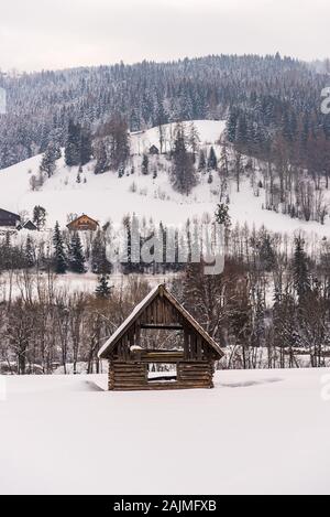 Paysage de montagne d'hiver dans les Alpes. Cabane en bois au premier plan. Montagne avec arbres et quelques maisons en arrière-plan. Banque D'Images