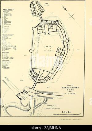 Archaeologia cantiana . siècle, et d'autres dans le quatorzième. Le centre Barbican occupait la première, ou le sud de l'île, il a été approché par.moyen de trois ponts-levis, correspondingwith les routes de Maidstone, Leeds, et respectivement de Lenham.Cette barbacane intérieur l'entrée de la route passe overa pont de pierre de deux arches. Bien que ces arcs sont themselvescomparatively moderne, la pile centrale entre eux, et leur twoabutments au nord et au sud sont les anciens prend en charge de l'originaldrawbridges. Le pilier nord du pont se trouve sur la deuxième, orcentral, island, whic Banque D'Images