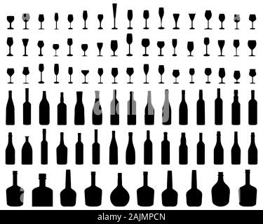 Silhouettes de verres et bouteilles de vin sur fond blanc, vecteur Banque D'Images