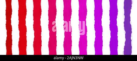 Des bandes de papier multicolores avec un dégradé du rouge lumineux à des teintes de violet et blanc papier isolé avec bords déchirés entre eux. Capacité à Banque D'Images