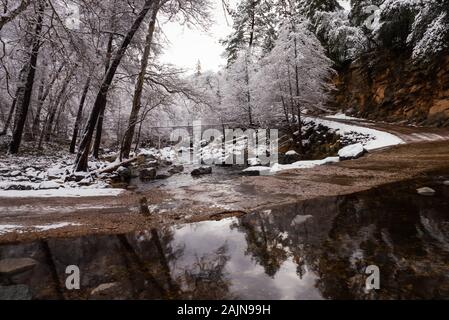 Scène d'hiver de Oak Creek Canyon Loi Banjo sur le site de pique-nique un jour de neige, Sedona, Arizona Banque D'Images