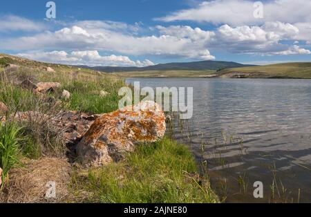 CO00157-00...COLORADO - Rocher recouvert de lichen de couleur orange sur les rives du lac coupole supérieure. Banque D'Images