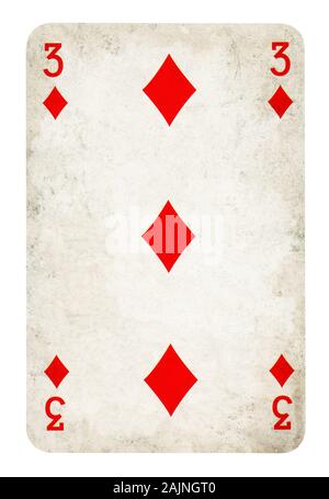 Trois de Diamond Vintage playing card - isolated on white (chemin inclus) Banque D'Images