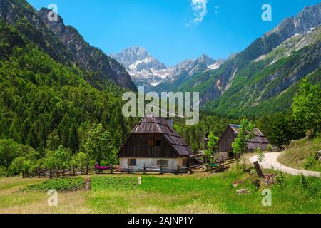 L'été pittoresque paysage alpin avec des maisons de campagne et de hautes montagnes enneigées en arrière-plan, la vallée de la soca, Slovénie, Europe Banque D'Images