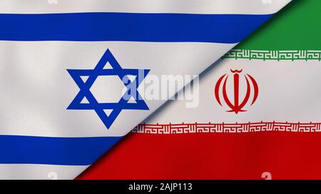 Israël Iran drapeaux nationaux. News, reportage, les antécédents en affaires. 3D illustration. Banque D'Images