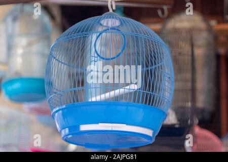 Vente vide les cages à oiseaux. Ils ont différentes couleurs et modèles. Photo a été prise à l'avant du magasin. Banque D'Images