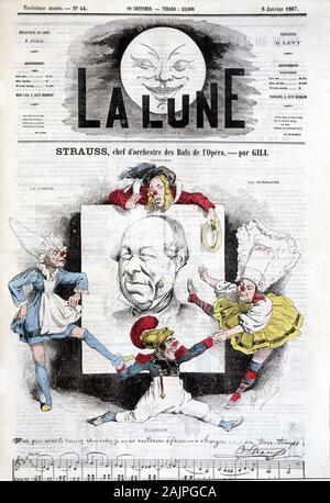 Caricature de Johann Strauss Fils (1825-1899) dans "La lune", le 6 janvier 1867. Dessin de Gill. Banque D'Images