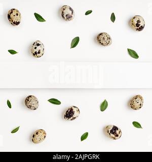 Mise en page créative faite avec des oeufs de cailles sur fond blanc. Easter concept minimal, copy space Banque D'Images