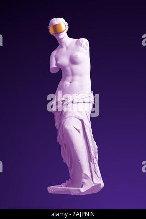 Modèle 3D avec lunettes VR Aphrodite d'or sur fond violet Banque D'Images
