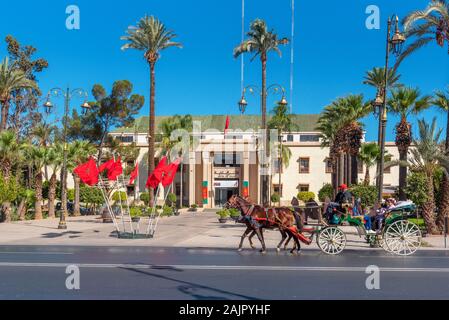 Marrakech, Maroc - 15 novembre 2019 : transport de chevaux sur une rue de la ville. L'espace de copie pour le texte Banque D'Images