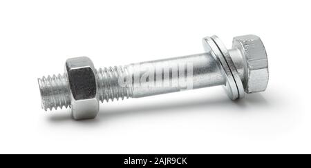 Metal vis, l'écrou et rondelles isolé sur fond blanc Banque D'Images