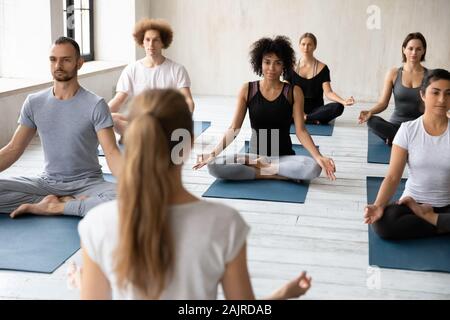 Formation instructeur féminin groupe diversifié, pratiquant le yoga, faire de l'exercice Padmasana Banque D'Images