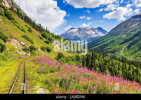 Skagway, en Alaska. La ville pittoresque de White Pass & Yukon Route Railroad. Banque D'Images