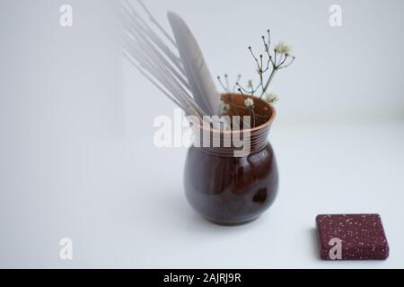 Fines branches sèches et de plumes dans un vase en céramique sur le rebord. Banque D'Images