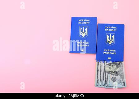 Passeport biométrique à des affaires étrangères ukrainien dollar bills sur fond rose. Le passeport de l'Ukraine, de l'argent, vacances et voyage concept Banque D'Images