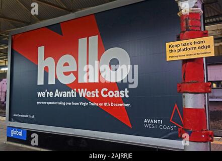 Côte Ouest, Avanti WCML, West Coast Mainline - changer pour TrenItalia FirstGroup, remplacement de Virgin Trains Dec2019, à la gare de Warrington Banque D'Images