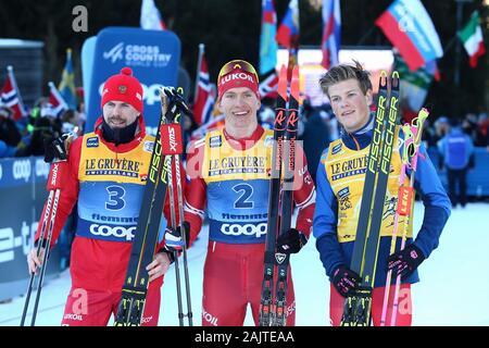 5 janvier 2020, la station de ski de Val di Fiemme, Val di Fiemme, Trento, Italie, Fédération Internationale de Ski Cross Country AUDI FIS Ski World Cup, Tour De Ski Val di Fiemme, vainqueurs de la course Sergei Ustiugov (RUS), Alexander (RUS) Bolshunov Hoesflot Klaebo, Johannes (NI) Banque D'Images