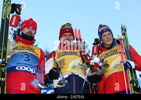 5 janvier 2020, la station de ski de Val di Fiemme, Val di Fiemme, Trento, Italie, Fédération internationale de ski FIS Hommes Audi Cross Country Ski World Cup, Tour De Ski Val di Fiemme ; Gagnants Sergey Ustiugov (RUS), Alexander (RUS) Bolshunov Hoesflot Klaebo, Johannes (NI) Banque D'Images