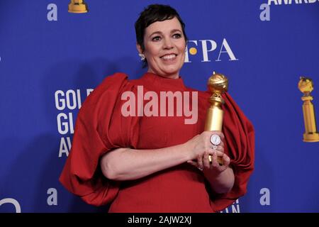 Los Angeles, Californie, USA. 05Th Jan, 2020. Olivia Coleman dans la salle de presse après avoir remporté le prix de la Meilleure interprétation féminine dans une série télévisée - Drame pour l'État dans la salle de presse à la 77e Golden Globe Awards tenue à l'hôtel Beverly Hilton le 5 janvier 2020 à Beverly Hills, CA. (Photo par Sthanlee B. Mirador/Sipa USA) Crédit : Sipa USA/Alamy Live News Banque D'Images