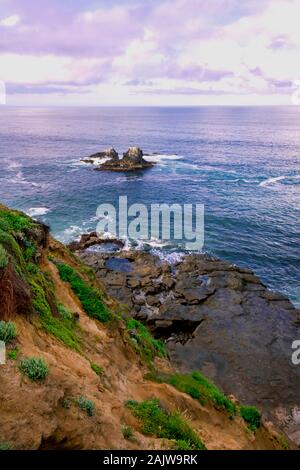 Vue mer à l'aube d'une haute falaise à Crescent Bay Point Park à Laguna Beach. Une piscine de marée est au premier plan et Seal Rock est dans la distance. Banque D'Images