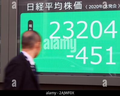 Tokyo, Japon. 6 janvier, 2020. Un piéton passe devant un conseil d'examen du prix des actions à Tokyo le lundi, Janvier 6, 2020. La part du Japon, les prix ont chuté 451,76 yens pour clôturer à 23 204,86 yens à la Bourse de Tokyo dans le sillage de l'escalade des tensions entre les Etats-Unis et l'Iran après une semaine de vacances du Nouvel An. Credit : Yoshio Tsunoda/AFLO/Alamy Live News Banque D'Images