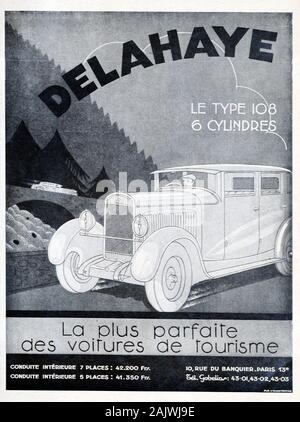 Vintage, publicité, publicité ou vieille publicité pour voiture de luxe française ou Limousine Delahaye 108 1931 six cylindres (Produit 1929-1933) Banque D'Images