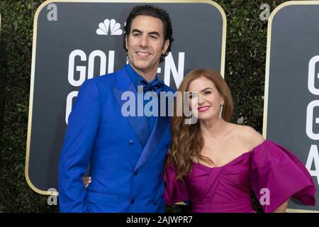 Sacha Baron Cohen et Isla Fisher assister à la 77e assemblée annuelle Golden Globe Awards, Golden Globes, à l'hôtel Beverly Hilton à Beverly Hills, Los Angeles, USA, le 05 janvier 2020. Dans le monde d'utilisation | Banque D'Images