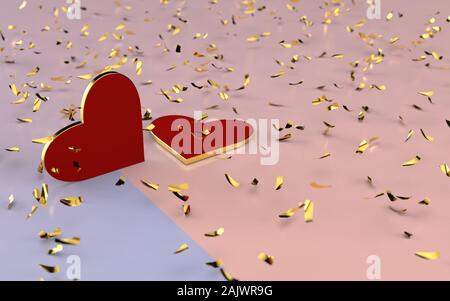 Deux coeurs rouges avec une bordure dorée sur un fond rose. Composition pour la fête de la Saint-Valentin. Le rendu 3D. Banque D'Images