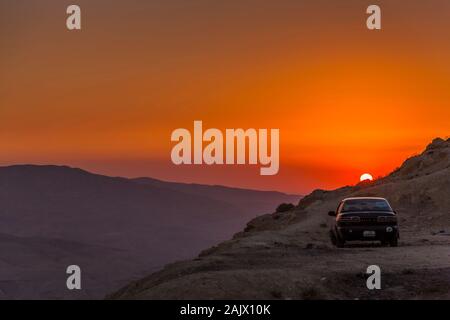 Wadi al Hasa, très belle vue sur vallée, au coucher du soleil, Kings Highway, route 35, Karak, terre haute, Jordanie, Moyen-Orient, Asie Banque D'Images