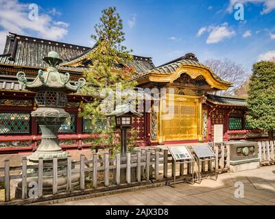 22 mars 2019 - Tokyo, Japon - Le bâtiment principal de l'Ueno Toshogu Shrine Shinto à Ueno Onshi Park, Tokyo, au printemps. Banque D'Images