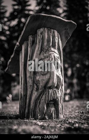 La figure en bois brun de l'esprit des forêts buste sur de vieux stump Banque D'Images