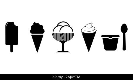 Jeu de ice cream silhouette, télévision icon noir sur fond blanc. Illustration de Vecteur