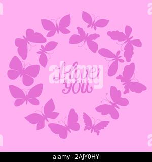 Forme arrondie avec silhouette de papillons. Je t'aime carte lettrage. Stock Vector illustration papillon aux ailes différentes pour girly mignon moderne Illustration de Vecteur