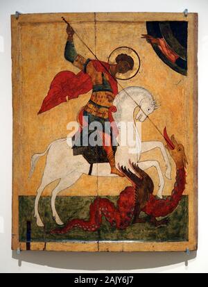 Peinture de l'icône. Le miracle de Saint Georges et le Dragon. (1500-1550), Région du nord de la Russie. Limewood, tempera et dorure. Musée de l'ermitage. Banque D'Images