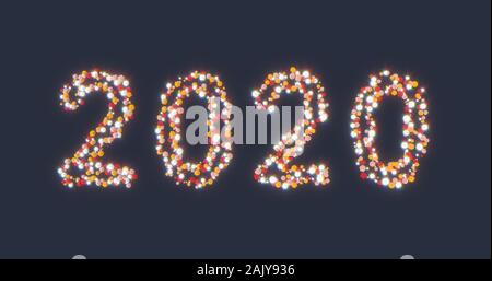 2020 nouveaux numéros de l'année faite de couleurs chaudes particules poly faible sur fond sombre. Ambiance magique avec l'éclairage d'une lumière douce et brillante. Rendu 3D Banque D'Images