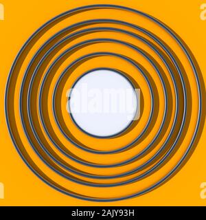 Abstract 3D render of shiny reflective bagues en métal attention, comme cible. Couleurs : orange (safran) contexte, centre blanc brillant Banque D'Images