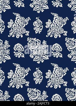 Sur bois transparent imprimé indigo motif floral. Parure ethnique vecteur, motif traditionnel russe avec des tulipes et des oeillets, écru sur le bleu marine Illustration de Vecteur