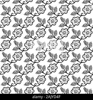 Sur bois Transparent monochrome imprimé motif floral. Ornement en pointillés ethniques traditionnels de la Russie avec les fleurs et les raisins, noir sur fond blanc Illustration de Vecteur