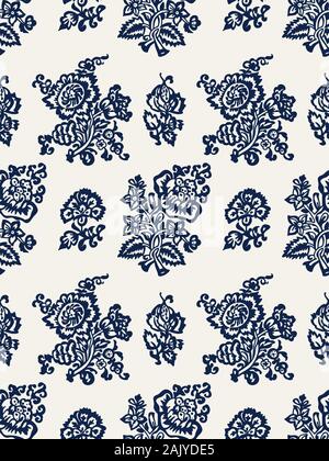 Sur bois transparent imprimé indigo motif floral. Parure ethnique vecteur, motif traditionnel russe avec des tulipes et des oeillets, bleu marine sur l'écru Illustration de Vecteur