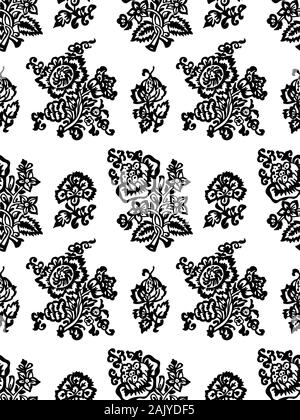 Sur bois Transparent monochrome imprimé motif floral. Parure ethnique vecteur, motif traditionnel russe avec des tulipes et des oeillets, noir sur blanc bac Illustration de Vecteur